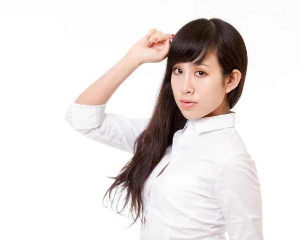 Mujer asiática con mano tocando la cabeza — Foto de Stock