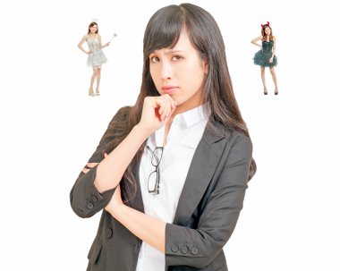Asian woman making decision with angel and demon clipart