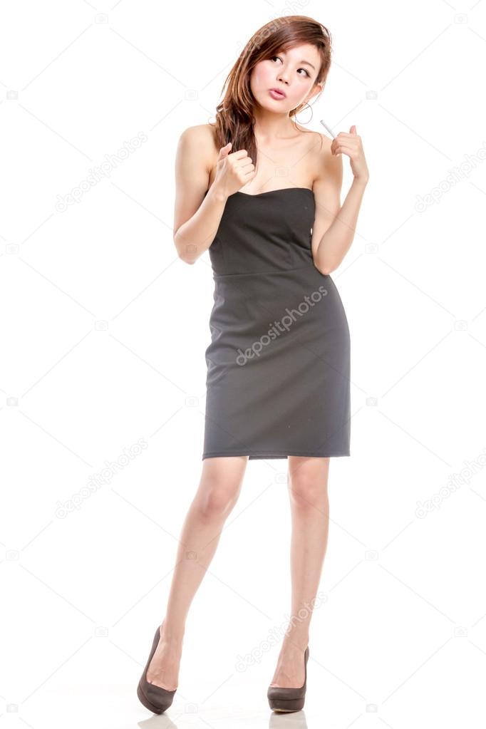Chinese woman in black dress smoking
