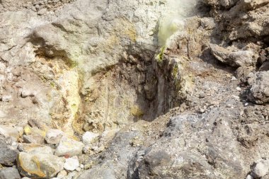 Steaming sulfuric fumaroles piping supplying thermal hot spring in Taipei