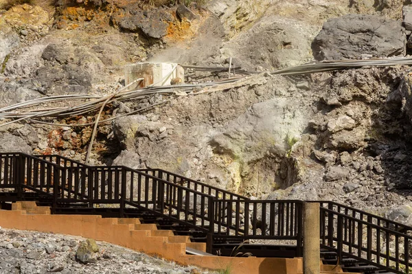 Steaming sulfuric fumaroles piping supplying thermal hot spring in Taipei