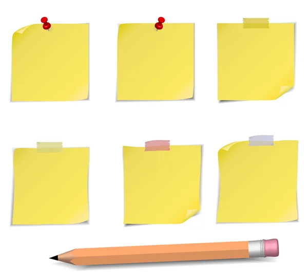 Notes adhésives avec broche, scotch et pensil isolé sur blanc — Image vectorielle
