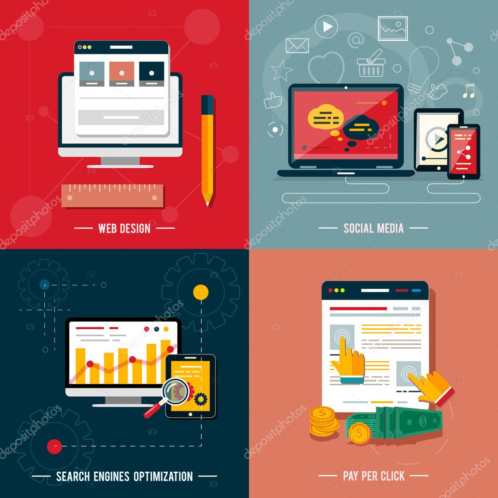 Icons for web design, seo, social media and pay per click internet advertising in flat design