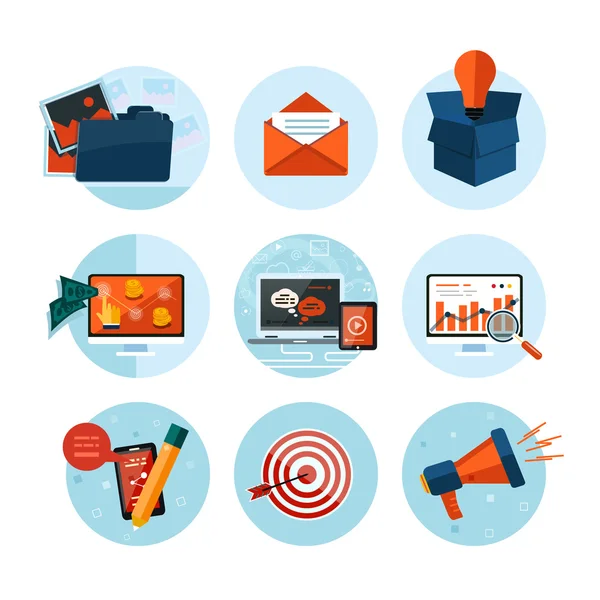 Bedrijf, kantoor-en marketing artikelen iconen. — Stockvector