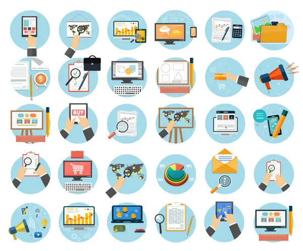 Ícones de negócios, escritório e itens de marketing . —  Vetores de Stock