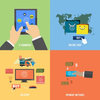 e-ticaret, teslimat, online shopoing için simgeler.