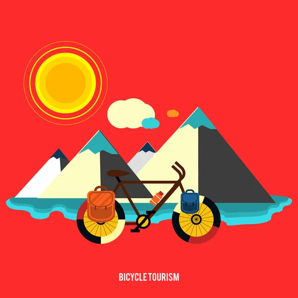 Bicicleta cerca de la montaña. Turismo en bicicleta . — Vector de stock