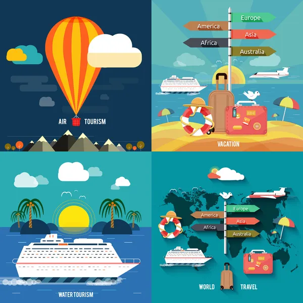 Icons set of traveling and planning a summer vacation