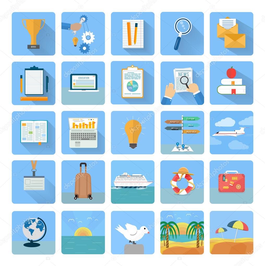 Icons set of traveling and planning a summer vacation