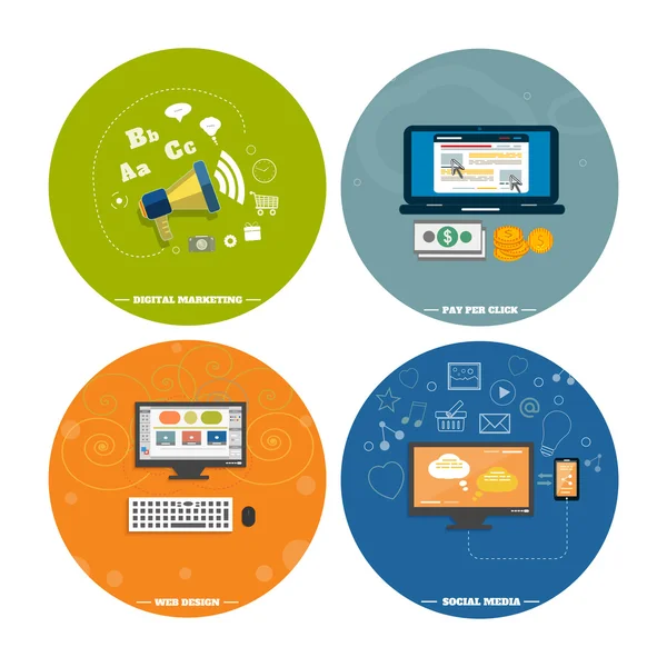 Icônes pour la conception web, SEO, médias sociaux — Image vectorielle