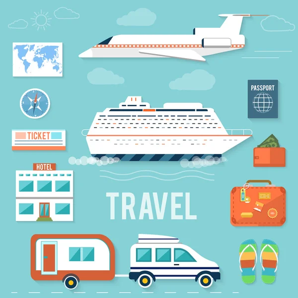 Комплект иконок для путешествий и планирования летнего отпуска — стоковый вектор