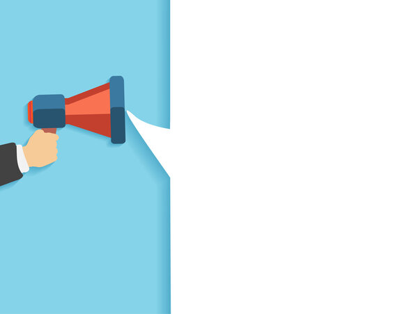 Рука держит красный мегафон с пузырём
