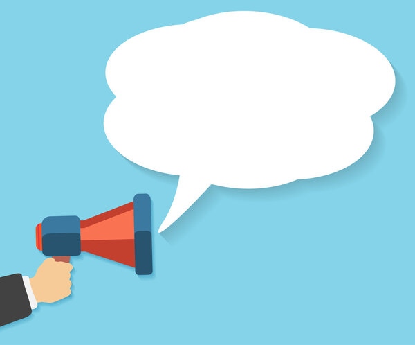 Рука держит красный мегафон с пузырём
