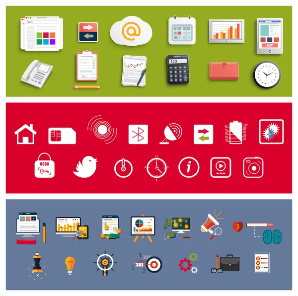 Lugar de trabajo conjunto de elementos de trabajo de oficina y negocio — Vector de stock