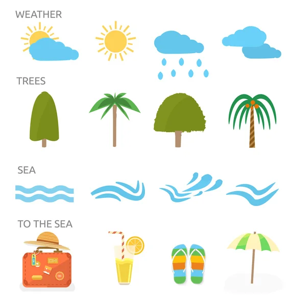 Soubor ikony plánování na letní dovolenou a cestování — Stockový vektor