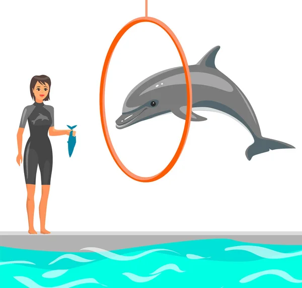 Training, Show mit Meerestieren im Delfinarium. Delfin zeigt Trick, springt durch Reifen im Pool — Stockvektor