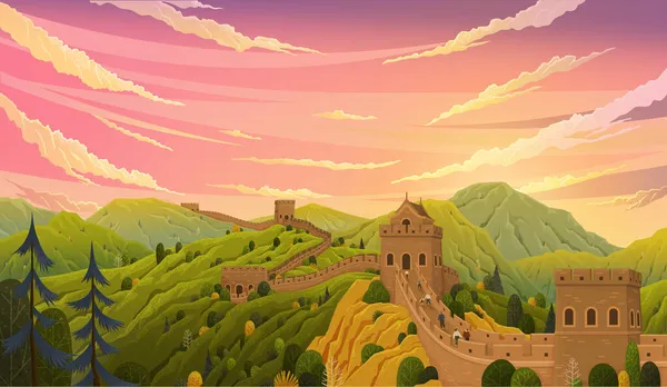 Monumento de fama mundial Gran Muralla China hermoso paisaje, monumental estructura gigante — Vector de stock