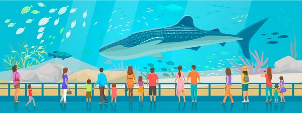 Люди смотрят подводные пейзажи с морскими животными в океанариуме. Подводная фауна аквариума — стоковый вектор