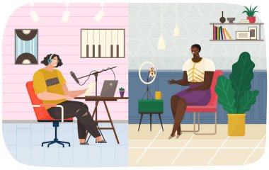 Radyo ya da TV şovu konsepti. İnsanlar podcastları kaydediyor, canlı yayın yapma süreci