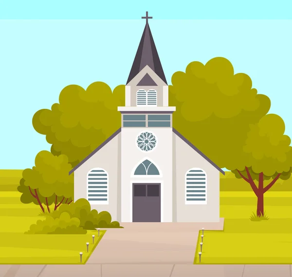 Antigua Iglesia Católica. Dibujos animados vector clásico catedral ilustración — Vector de stock