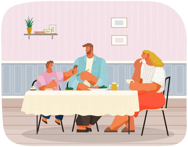 Aile üyeleri gülümsüyor anne, baba ve oğul birlikte masada oturuyor ve evde yemek yiyorlar. — Stok Vektör