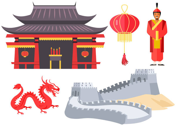 Asian or Chinese building or temple in traditional style and fabulous mythical red dragon isolated