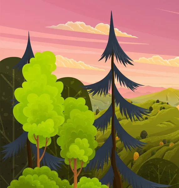 Zielony krajobraz z góry wektor ilustracja krajobrazy z drzew i krzewów na pierwszym planie — Wektor stockowy