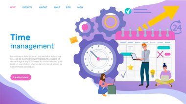 Programla ilgilenmek için işbirliği yapan insanlar. Zaman yönetimi iniş sayfası şablonu için web sitesi