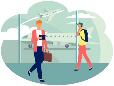 Havaalanında yürüyen ve cep telefonuyla konuşan insanlar, akıllı telefonla iletişim kuran erkek karakter.