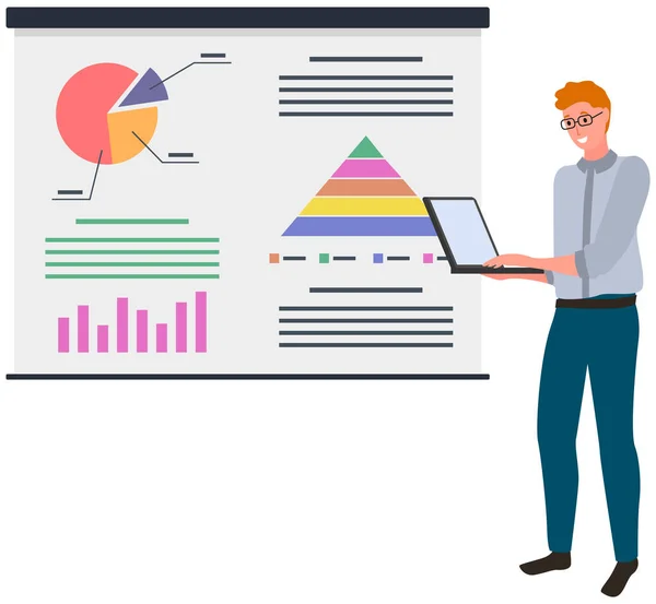 Uomo d'affari con laptop indicatori di analisi. Analisi dei dati statistiche di ricerca grafici e grafici — Vettoriale Stock