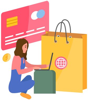 Kadın internet sitesinden alışveriş için mal seçiyor, ödeme yapıyor, kredi kartıyla ödüyor.