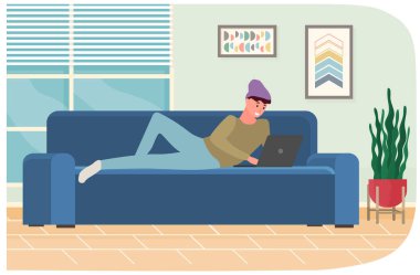 Adam yalan söylüyor ve sohbet etmek için dizüstü bilgisayar kullanıyor. Adam iletişim kurmak ve sohbet etmek için bilgisayar başında vakit geçiriyor.