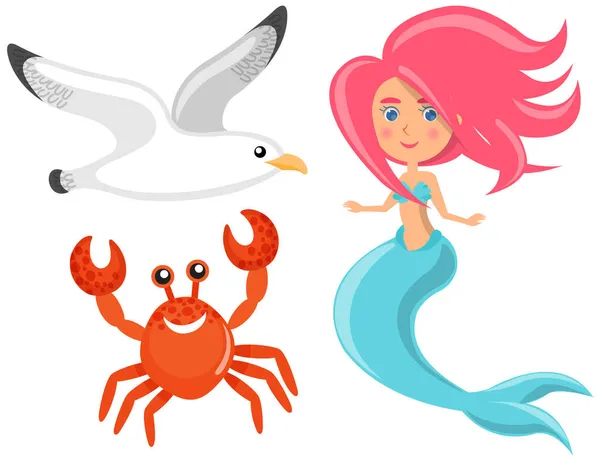 Vacker sjöjungfru, röd krabba och mås lever vid havet. Söt flicka med fiskstjärt och långt rosa hår — Stock vektor
