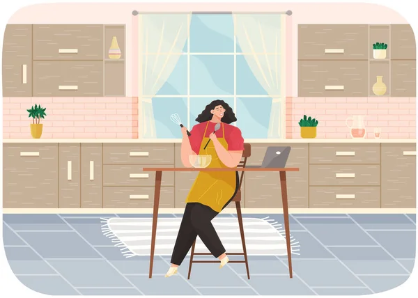 Молода жінка готує салат на кухні стоїть біля столу і дивиться кулінарний відео блог — стоковий вектор
