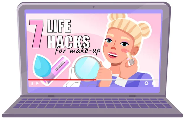 Mooi meisje blogger opname film over alledaagse make-up, video blog over schoonheid leven hacks — Stockvector