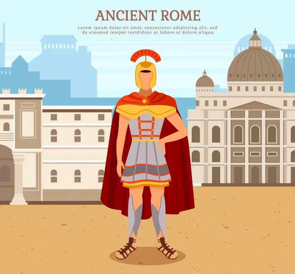 Antiguo gladiador guerrero cerca del edificio romano en la plaza de la ciudad, cartel de vector de cultura antigua — Vector de stock