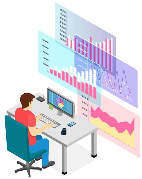 Hombre estima indicadores estadísticos en la presentación con gráficos y gráficos, concepto de marketing — Vector de stock