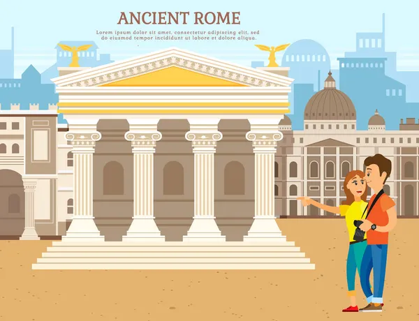 여행을 하고 있는 두 명의 관광객은 신전 기둥 건물 이 있는 로마의 풍경에서 사진을 찍는다 — 스톡 벡터