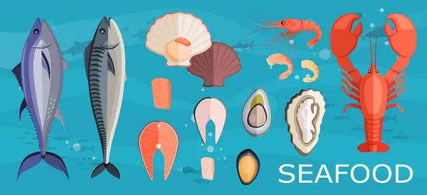 Atún, langosta, ostra, mejillón, camarones sobre fondo azul. Productos de pescado, ingredientes de la receta de mariscos — Vector de stock