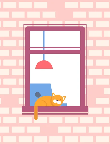 Kat Slapen op venster Sill Open venster op de gevel — Stockvector