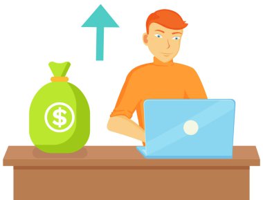 Bilgisayarlı bir iş adamı para dolu çantasıyla masada oturuyor, yatırım planları yapıyor.