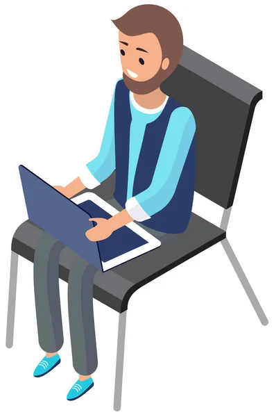 Male character on chair is typing on keyboard with computer, working remotely, freelancing — Stock Vector