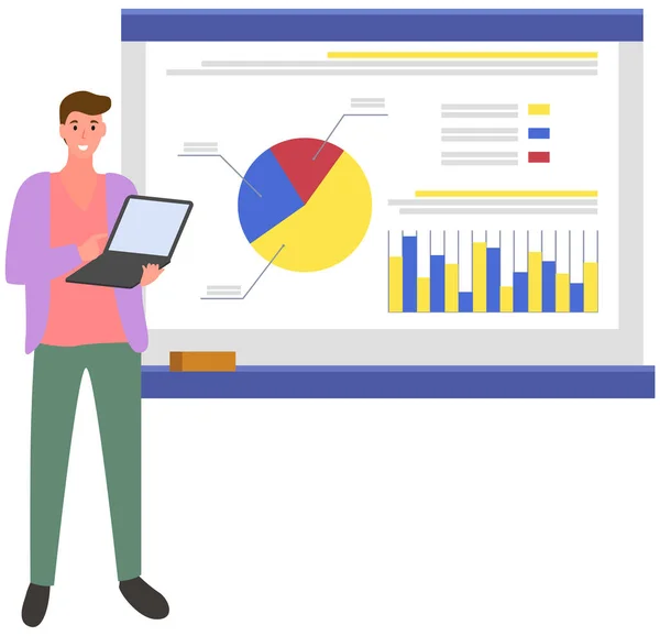 Employé masculin avec ordinateur portable faisant la présentation des résultats de la recherche statistique d'entreprise — Image vectorielle