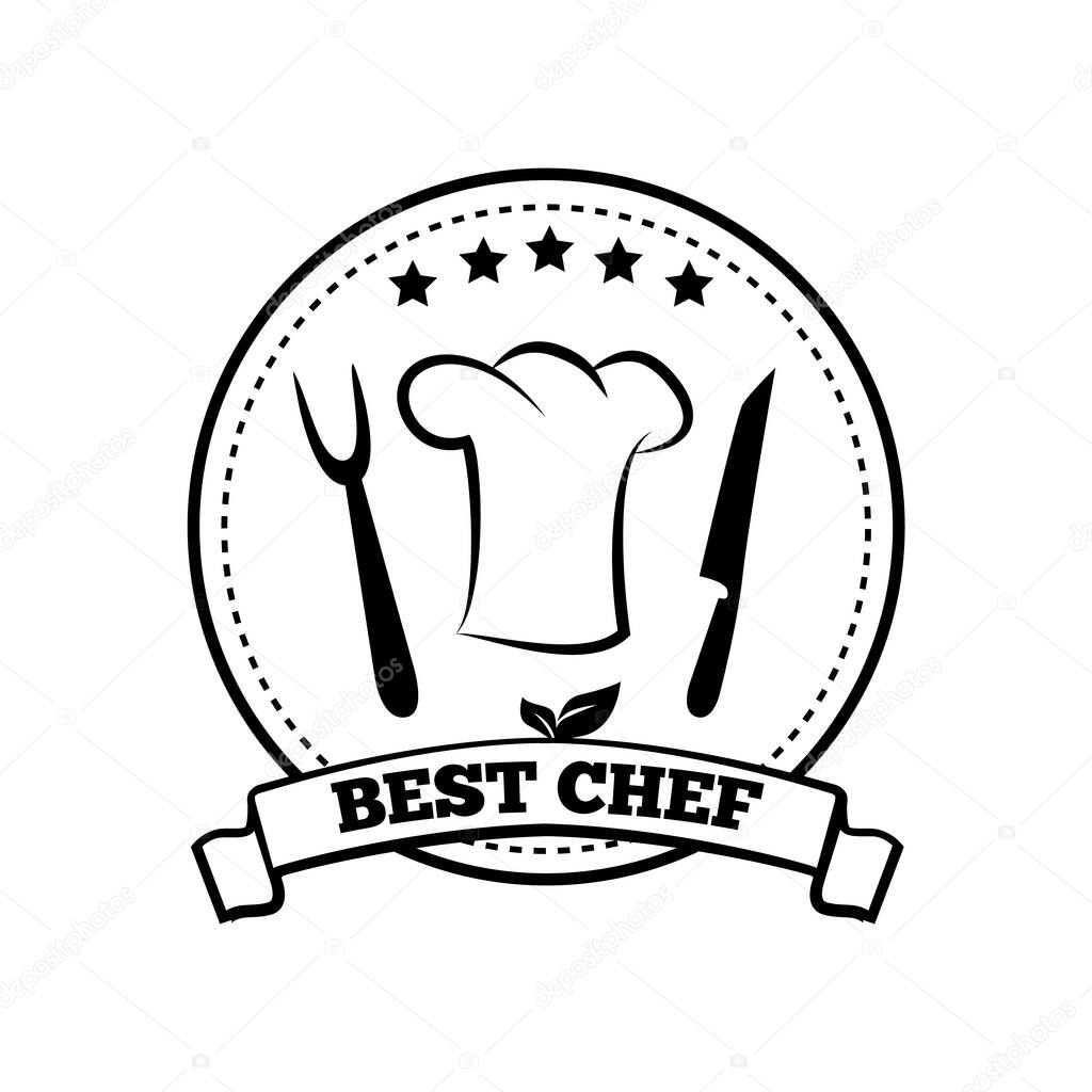 Best chef fork and knife hat of best chef and uniform part circled icon with title and stars, quality vector illustration isolated on white background