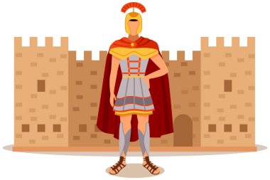 Roma kalesi, miğfer, pelerin ve zırhlı eski asker kasaba meydanındaki antik binanın yanında duruyor.