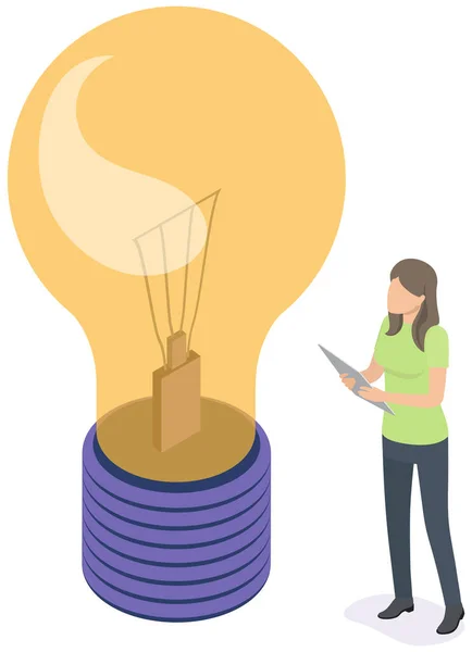 Female characters develop creative business idea. Stand near big light bulb — Stock Vector