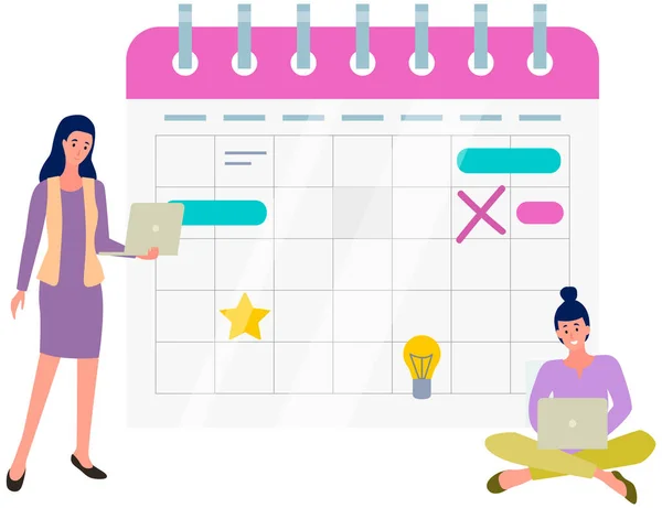 Zakelijke activiteitenplanning, tijdbeheer. Werknemers die werken met laptops met schema, kalender — Stockvector