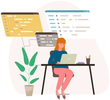 Kadın teknoloji kullanarak blok diyagramını analiz ediyor. Ofiste çalışan bilgisayarlı bir eleman.