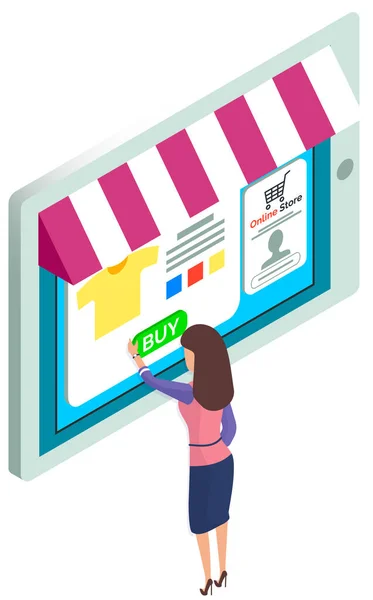 Shopping app with woman push buy button de la boutique en ligne. Achat de biens en magasin via Internet — Image vectorielle