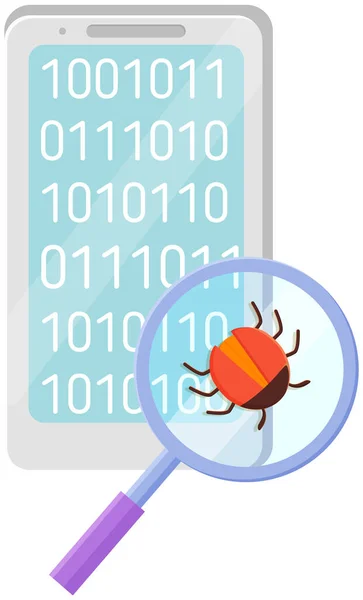 Computer bug in magnifier. Sign for mobile concept and web design. Computer virus simple logo — Stock Vector